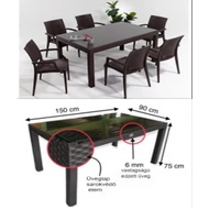 BAHAR  150   ÜVEGLAPOS MŰRATTAN  GARNITURA SZETT 90X150CM ASZTAL 6 SZÉKKEL (BT7) BARNA