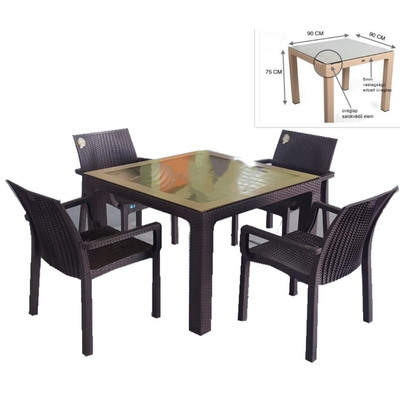 BAHAR 90 ÜVEGLAPOS MŰRATTAN GARNITURA SZETT 90CM ASZTAL 4 SZÉKKEL (BT5) BARNA