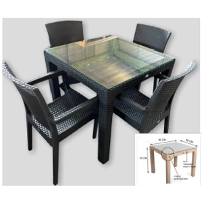 BAHAR  90   ÜVEGLAPOS MŰRATTAN  GARNITURA SZETT 90CM ASZTAL 4 SZÉKKEL (BT6) GRAFIT