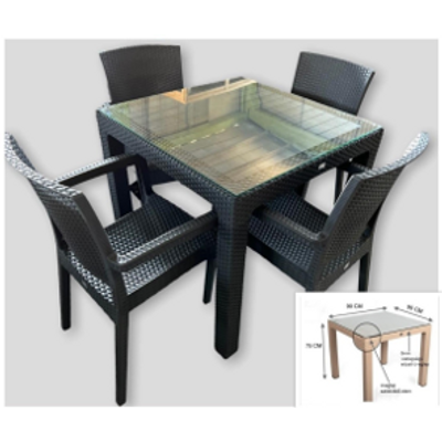 BAHAR  90   ÜVEGLAPOS MŰRATTAN  GARNITURA SZETT 90CM ASZTAL 4 SZÉKKEL (BT6) GRAFIT