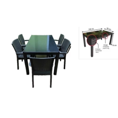 BAHAR  150   ÜVEGLAPOS MŰRATTAN  GARNITURA SZETT 90CM ASZTAL 6 SZÉKKEL (BT8) GRAFIT
